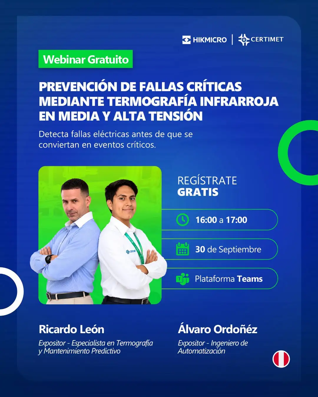 webinar-termografia-infrarroja-prevencion-fallas-electricas Anuncio del webinar gratuito sobre prevención de fallas críticas mediante termografía infrarroja en media y alta tensión, presentado por Hikmicro y Certimet.