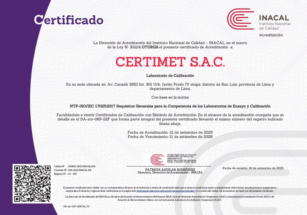 Certificado acreditación inacal certimet