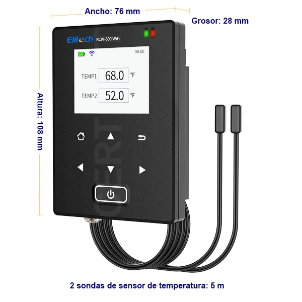 2-Registrador de datos de temperatura inalámbrico WIFI con 2 sensores de temperatura externos de 5 metros, ELITECH RCW-600_CERTIMET