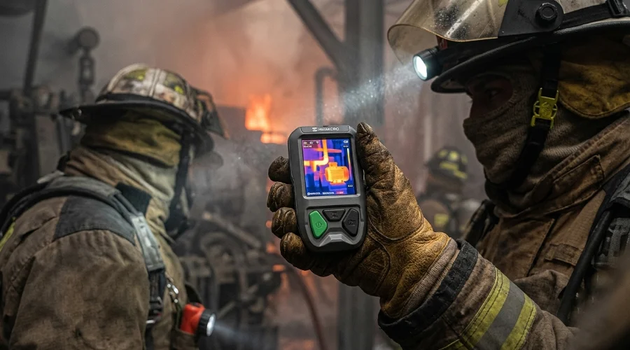 Bombero peruano usando c&aacute;mara t&eacute;rmica HIKMICRO FP31 en un incendio industrial con humo denso.