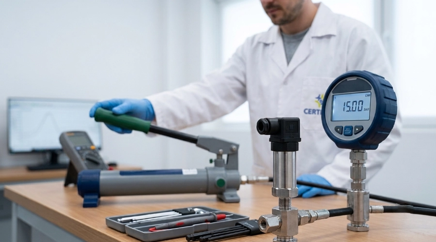T&eacute;cnico calibrando un transmisor de presi&oacute;n con bomba manual y patr&oacute;n digital en un laboratorio de metrolog&iacute;a.