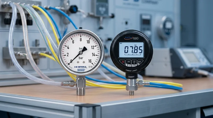 Man&oacute;metro anal&oacute;gico de aguja y man&oacute;metro digital Additel en un banco de trabajo de laboratorio de calibraci&oacute;n metrol&oacute;gica con mangueras neum&aacute;ticas. 
