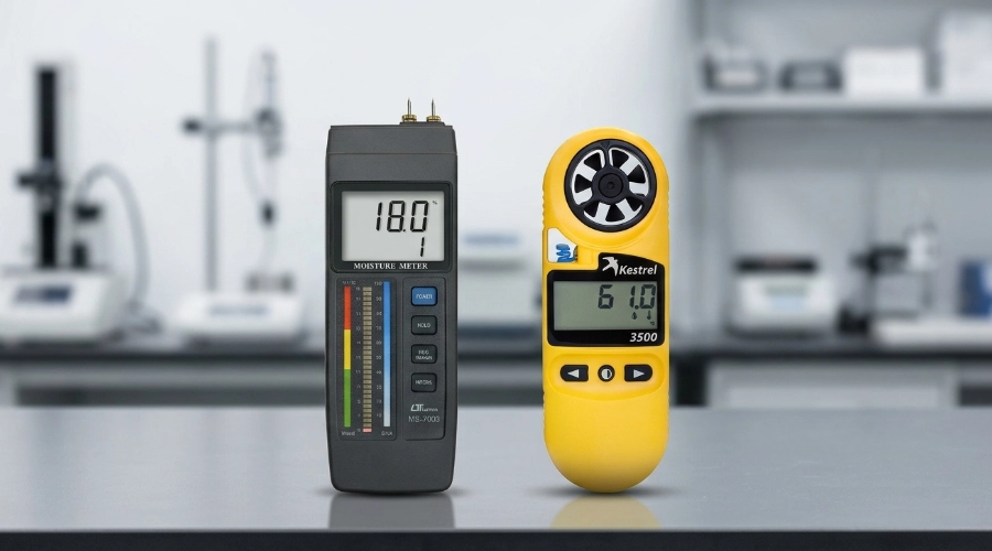 Comparaci&oacute;n de un higr&oacute;metro digital y un psicr&oacute;metro de ventilaci&oacute;n sobre mesa de laboratorio de humedad
