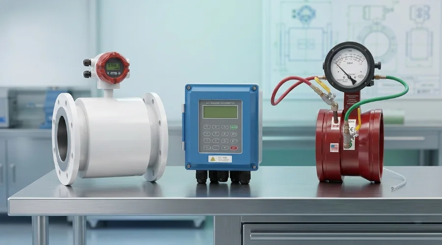 Comparaci&oacute;n de tipos de caudal&iacute;metros industriales: electromagn&eacute;tico, ultras&oacute;nico y de &aacute;rea variable en tablero de control.