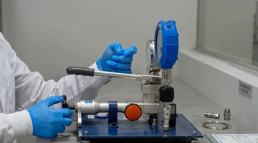 Técnico en metrología realizando calibración de manómetro digital con bomba de presión manual