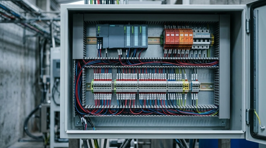 Interior de un tablero de control industrial con cableado ordenado y rotulado para una funci&oacute;n instrumentada de seguridad SIL 2.