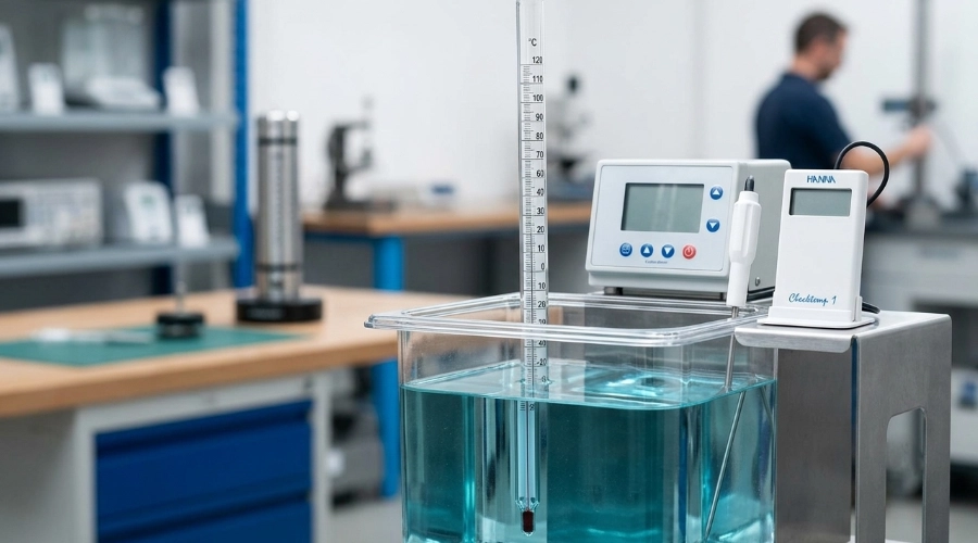 Term&oacute;metro de l&iacute;quido en vidrio sumergido en ba&ntilde;o termost&aacute;tico durante su calibraci&oacute;n en laboratorio de temperatura.