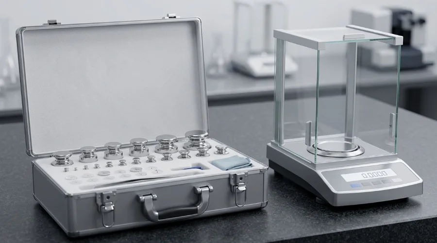 Juego de pesas patr&oacute;n de acero inoxidable en estuche junto a una balanza anal&iacute;tica en laboratorio de masa.