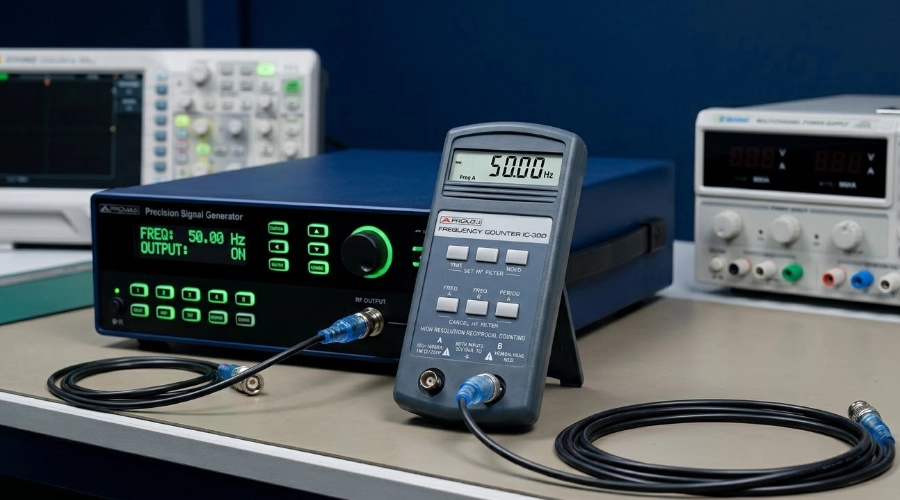 Frecuenc&iacute;metro digital mostrando 50.00 Hz en un banco de laboratorio de metrolog&iacute;a junto a un generador de se&ntilde;ales de precisi&oacute;n.