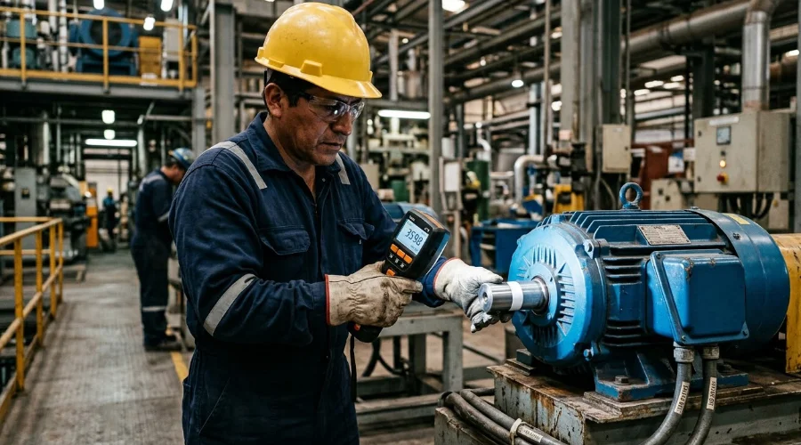 Estroboscopio industrial iluminando un eje de motor el&eacute;ctrico para medir RPM sin contacto en una planta.