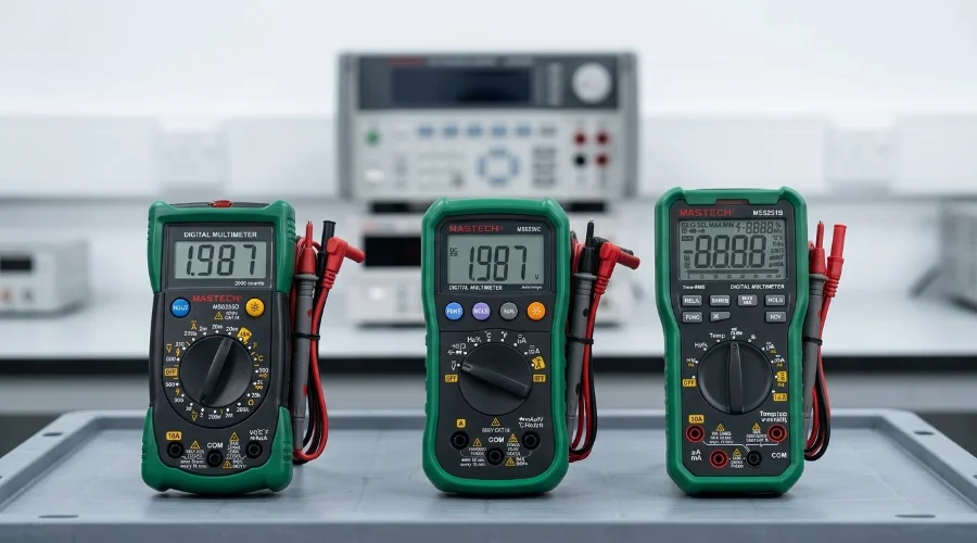 Mult&iacute;metros digitales MASTECH MS8251B, MS8239C y MS8233C sobre mesa de trabajo de un laboratorio de electricidad.
