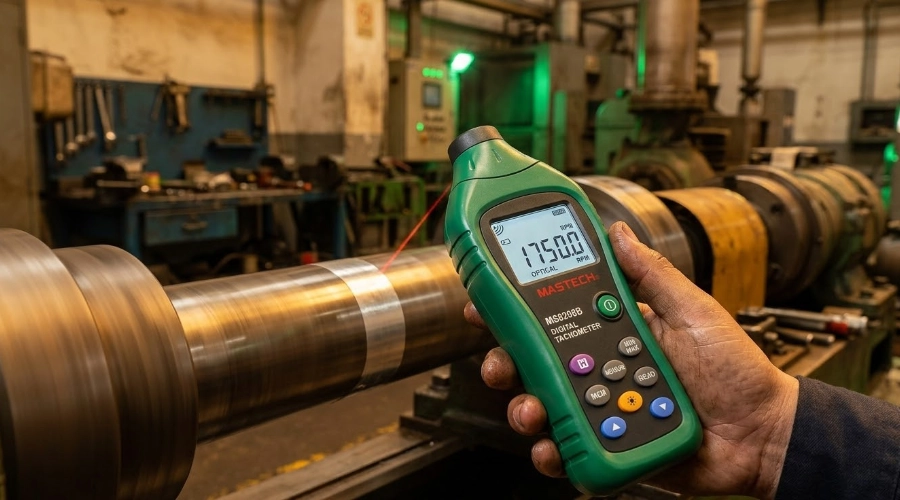 Tac&oacute;metro &oacute;ptico midiendo la velocidad de un eje rotativo en un entorno industrial.
