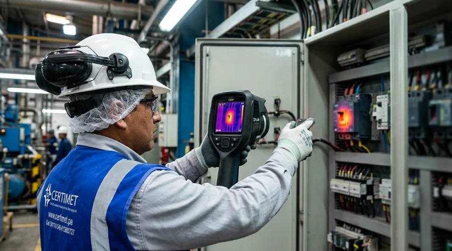 T&eacute;cnico realizando inspecci&oacute;n termogr&aacute;fica industrial a un tablero el&eacute;ctrico con c&aacute;mara termogr&aacute;fica.