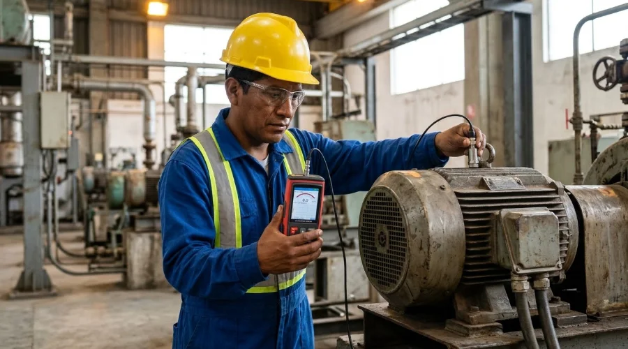T&eacute;cnico midiendo la vibraci&oacute;n de un motor el&eacute;ctrico industrial con un vibr&oacute;metro port&aacute;til.