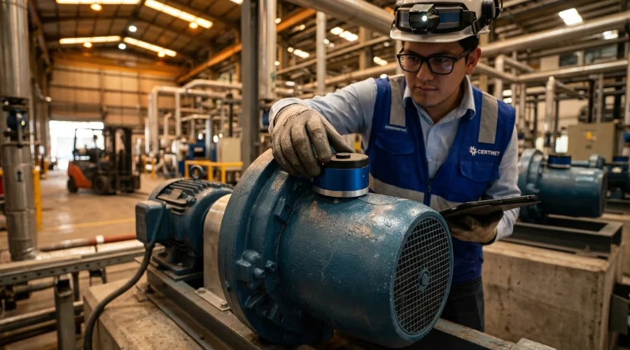 T&eacute;cnico realizando an&aacute;lisis vibratorio en un motor el&eacute;ctrico industrial con sensor de vibraci&oacute;n en planta.
